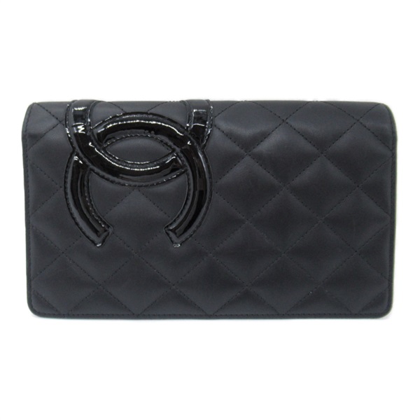 CHANEL Cambon Line ZIP Bifold long wallet leather enamel Black SHW Used