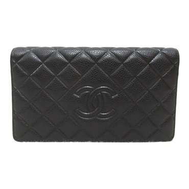 CHANEL Bifold long wallet purse Caviar Skin Black SHW Used