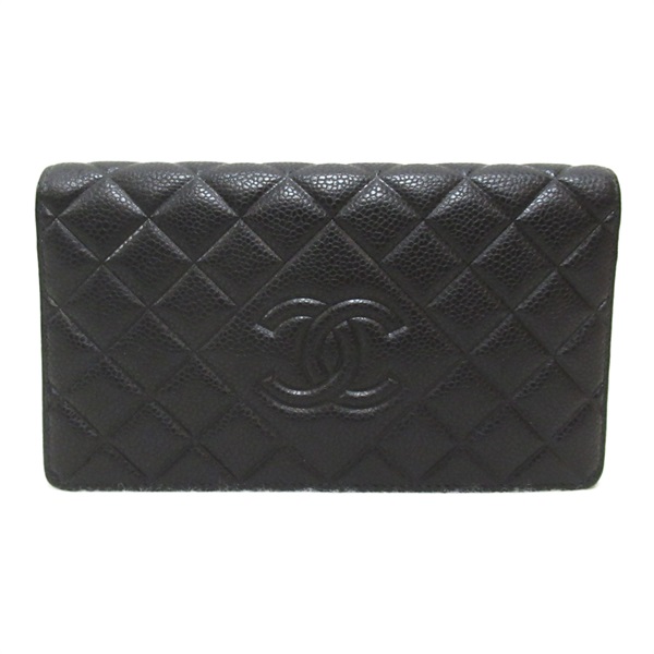 CHANEL Bifold long wallet purse Caviar Skin Black SHW Used