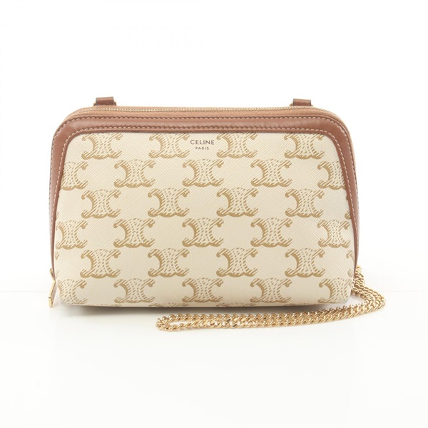 CELINE Triomphe chain Shoulder crossbody Bag canvas leather White Brown Used