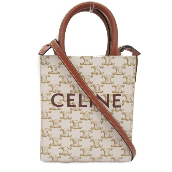 CELINE Vertical Cabas 2way Hand Shoulder Bag canvas White Brown Used Women