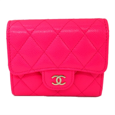 CHANEL Matelasse Tri-Fold Wallet Caviar Skin leather Pink Used Women GHW CC Coco