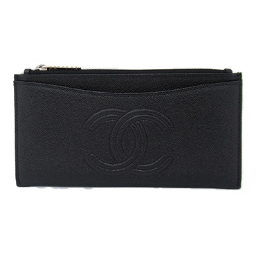 CHANEL Round long wallet Caviar Skin leather Black Used Women CC Coco