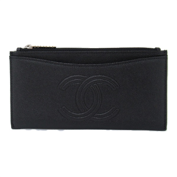 CHANEL Round long wallet Caviar Skin leather Black Used Women CC Coco