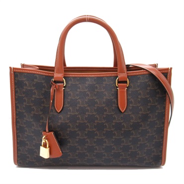 CELINE Mini Horizontal Cabas Tote Bag 2way Triomphe canvas Black Tan Used Women