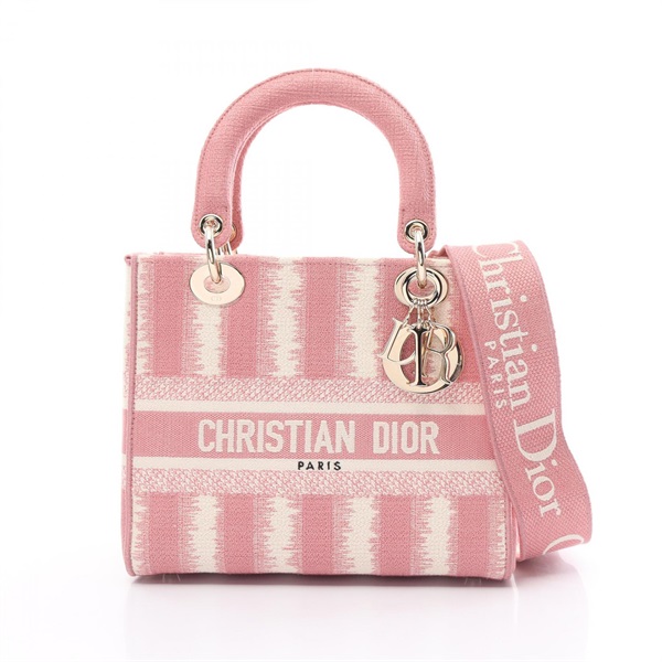 Dior LADY D-LITE Medium 2way shoulder Hand bag canvas Pink White Used Women