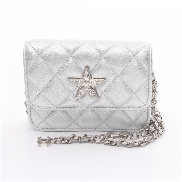 CHANEL Mini Matelasse chain Shoulder Bag leather Silver Used SHW