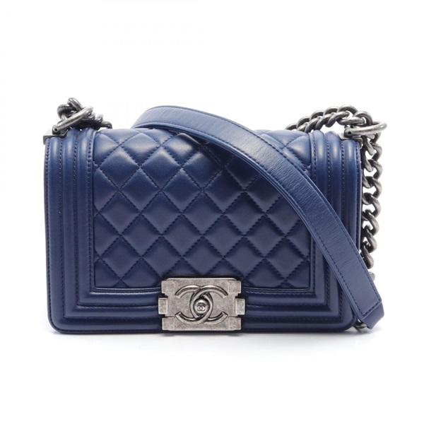 CHANEL Boy Chanel Small Matelasse chain Shoulder Bag lambskin Navy Used