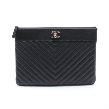 CHANEL Chevron V Stitch business clutch bag leather Black Used Women GHW CC Coco
