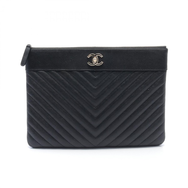 CHANEL Chevron V Stitch business clutch bag leather Black Used Women GHW CC Coco