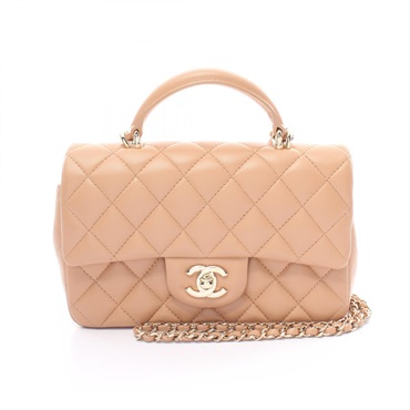 CHANEL Matelasse Top Handle chain Shoulder crossbody Bag lambskin Beige Used GHW