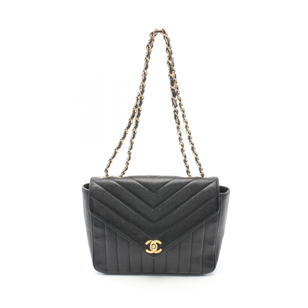 CHANEL Chevron V Stitch Mademoiselle chain Shoulder Bag Caviar skin Black GHW