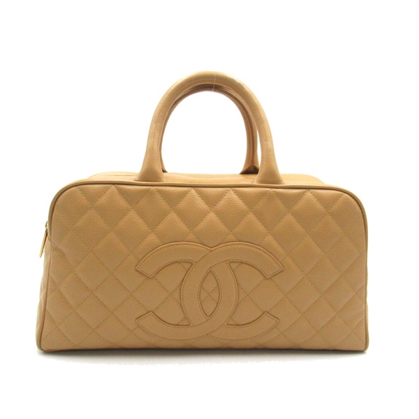 CHANEL CC Boston Hand bag Caviar Skin Grained Calf Leather Beige Used Women Coco