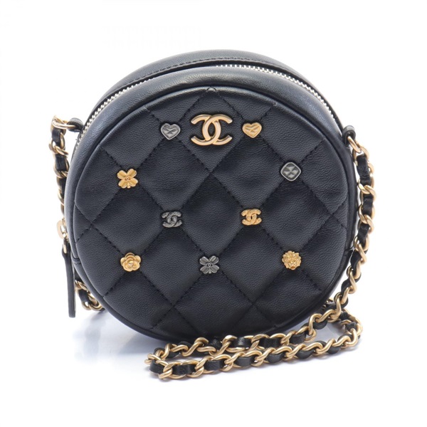 CHANEL Matelasse COCO Mark Camellia Shoulder Bag Lamb leather Black Used Women