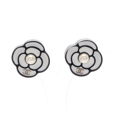 CHANEL COCO Mark Camelia Pierced earrings Gold Plated Plastic Black White Used