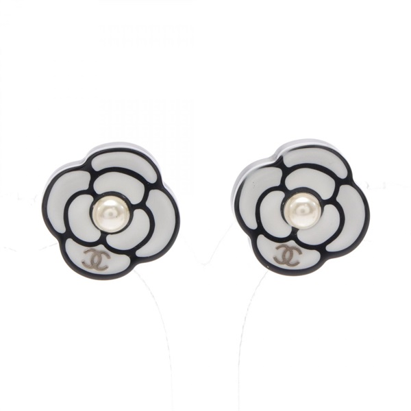 CHANEL COCO Mark Camelia Pierced earrings Gold Plated Plastic Black White Used