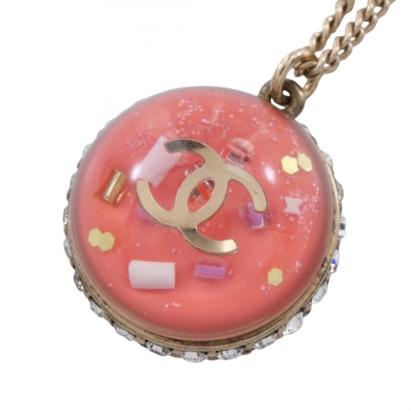 CHANEL COCO Mark Necklace Gold Plated Resin Rhinestone Pink Used pendant women