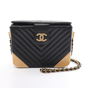 CHANEL V-Stitch Chevron chain Shoulder Bag leather Black Used Women crossbody CC