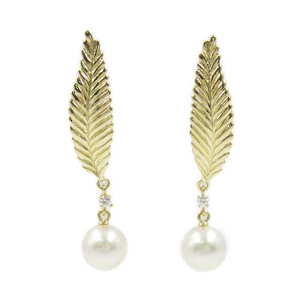 MIKIMOTO Akoya Pearl Feather Earrings K18 YG Yellow Gold Diamond Clear White