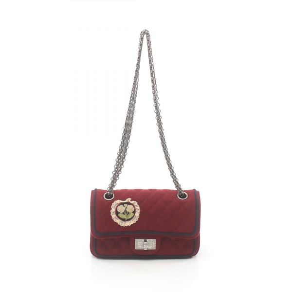 CHANEL CC 2.55 Matelasse W flap Shoulder Bag wool Bordeaux Navy Used Women Coco
