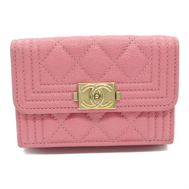 CHANEL boy chanel trifold wallet Purse leather Grained calfskin Pink Used Women