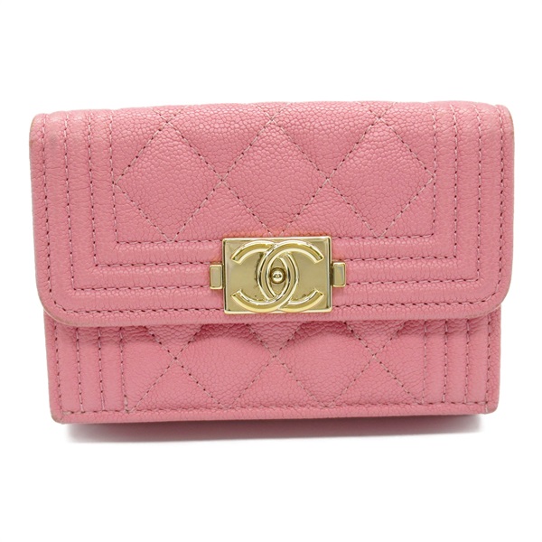 CHANEL boy chanel trifold wallet Purse leather Grained calfskin Pink Used Women