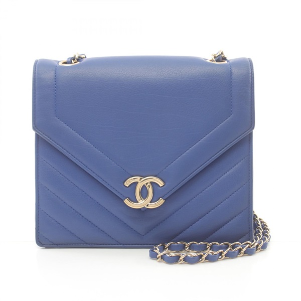 CHANEL Chevron V Stitch chain Shoulder Bag Lambskin Blue Used GHW