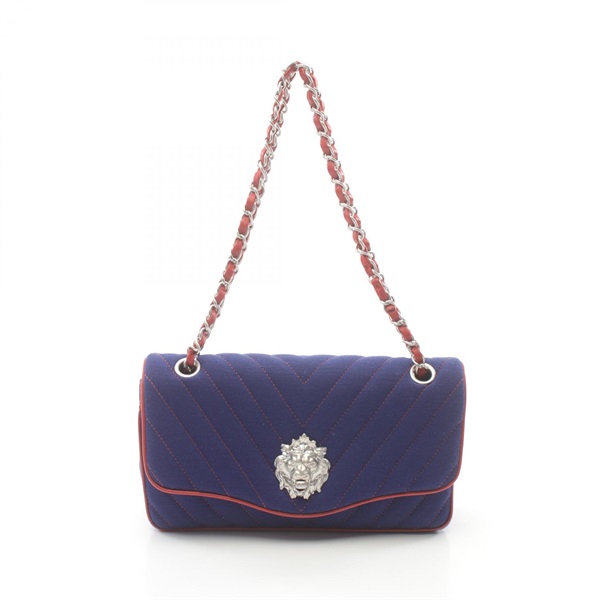 CHANEL V stitch chain Shoulder Bag canvas leather Blue Red Used SHW
