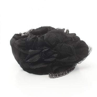 CHANEL Camelia chain Shoulder Bag Fabric laces satin Black Used SHW