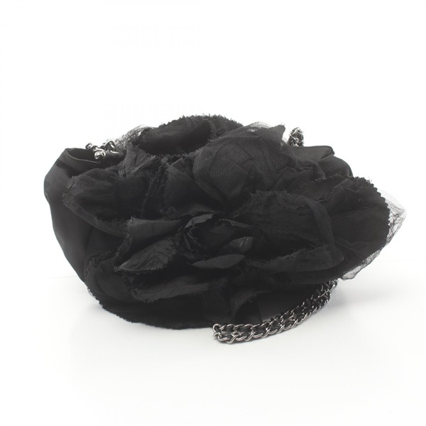 CHANEL Camelia chain Shoulder Bag Fabric laces satin Black Used SHW