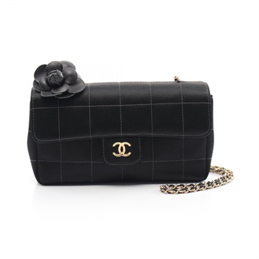 CHANEL CC Chocolate Bar Camelia Shoulder Bag A16780 Fabric Black Used Women Coco