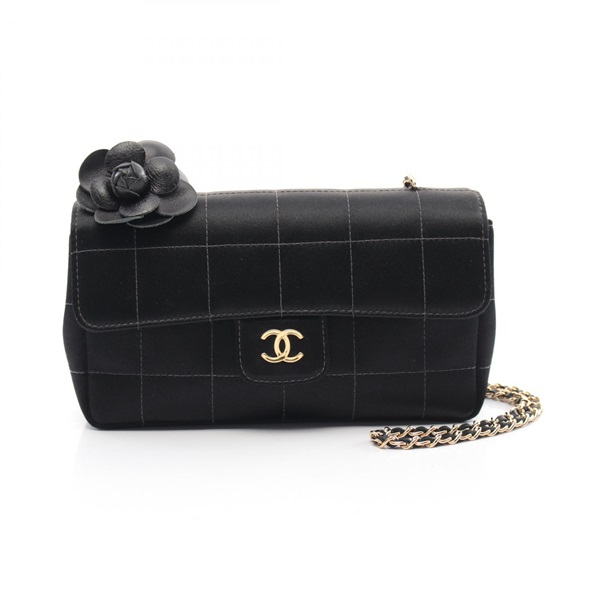 CHANEL CC Chocolate Bar Camelia Shoulder Bag A16780 Fabric Black Used Women Coco