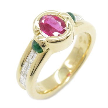 JEWELRY Ruby Emerald Diamond Ring 18KYG Yellow Gold Used women US size 5