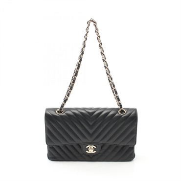 CHANEL Chevron V-stitch W-flap chain Shoulder Bag A01166 Lambskin Black Used GHW