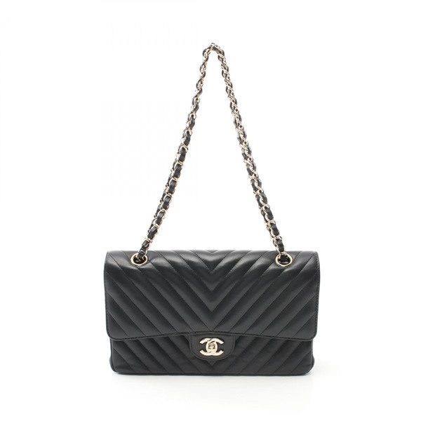 CHANEL Chevron V-stitch W-flap chain Shoulder Bag A01166 Lambskin Black Used GHW