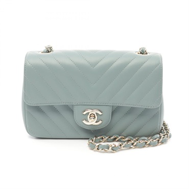 CHANEL Chevron V Stitch Chain Shoulder Bag Lamb skin sheep leather Green Used CC