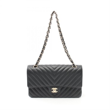 CHANEL Chevron V-stitch W-flap chain Shoulder Bag A01166 Grained Calf GHW Black