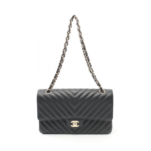 CHANEL Chevron V-stitch W-flap chain Shoulder Bag A01166 Grained Calf GHW Black