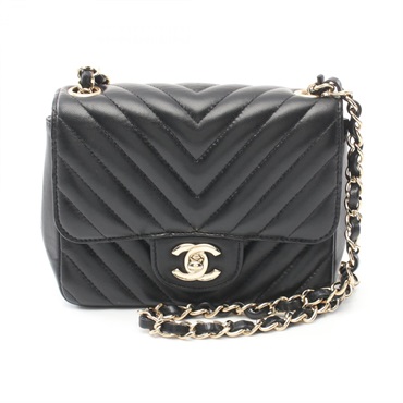 CHANEL Chevron V Stitch chain crossbody Shoulder Bag Lambskin Black Used GHW
