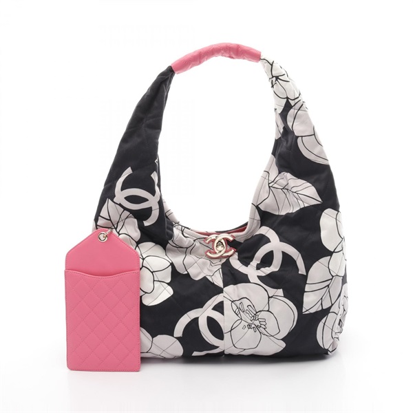 CHANEL Matelasse Camellia COCO Mark Shoulder Bag leather Fabric Black White GHW