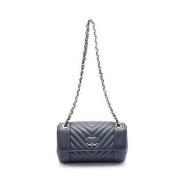 CHANEL CC Chevron V Stitch Chain Shoulder Bag leather Navy Used Women Coco