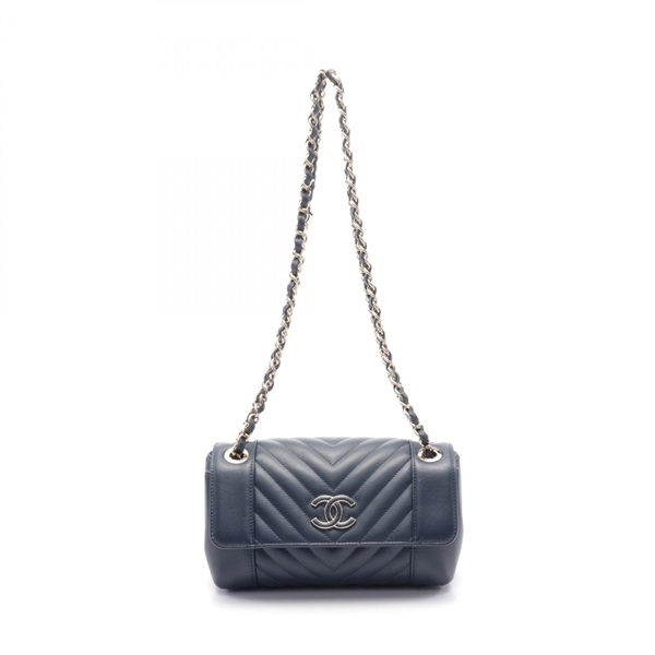 CHANEL CC Chevron V Stitch Chain Shoulder Bag leather Navy Used Women Coco