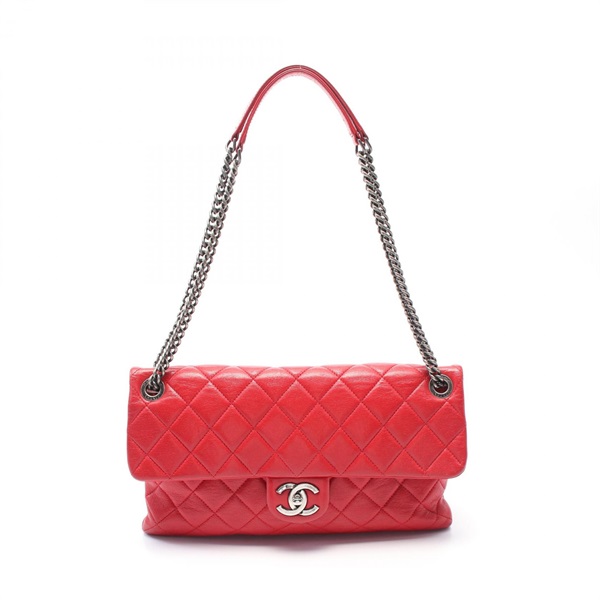 CHANEL Matelasse single flap Chain Shoulder Bag leather Red Used Women SHW CC