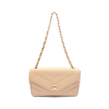 CHANEL Chevron V Stitch Chain Shoulder Bag Grained calfskin Beige Used Women GHW