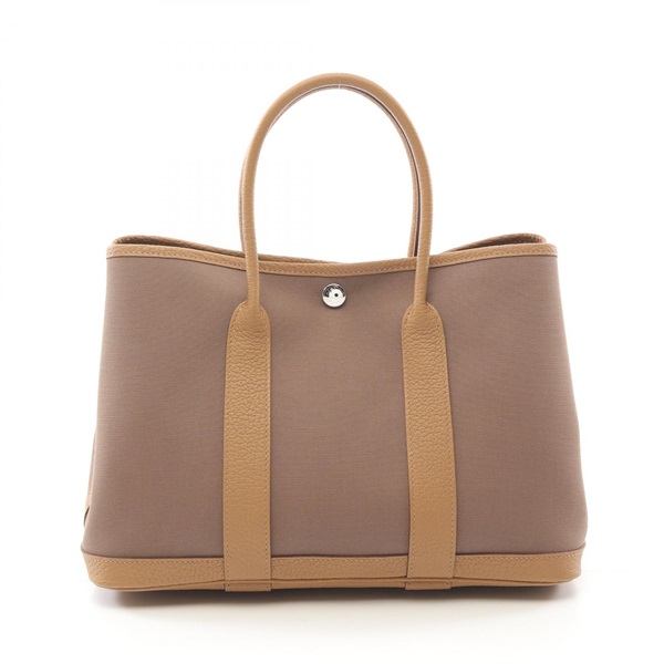 HERMES Garden party TPM Tote Bag Toile H canvas leather Biscuit Etoupe Grey Used