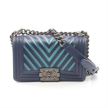 CHANEL Boy Chanel Small V Stitch Shoulder Bag A67085 leather Navy Used Women SHW