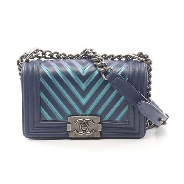 CHANEL Boy Chanel Small V Stitch Shoulder Bag A67085 leather Navy Used Women SHW
