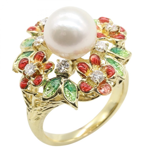 JEWELRY Pearl Ring diamond 18KYG Yellow Gold White Used US Size 6.5