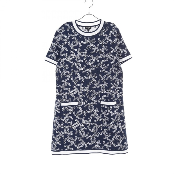 CHANEL COCO Mark Dress P60683K46389 cotton Navy White Used Women size 40