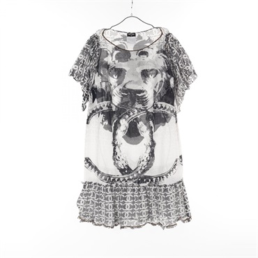 CHANEL Lion COCO Mark Dress P37297V27082 cotton silk White Black Used Women #40